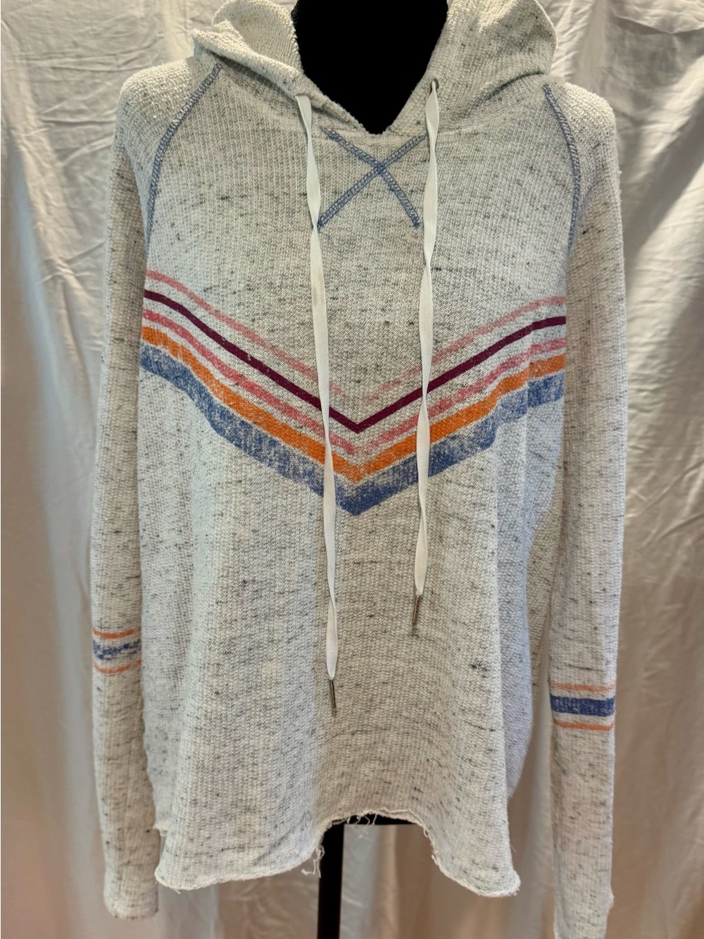 Socialite Cream Waffle-knit Hooded Pullover with Multicolor Chevron Stripes